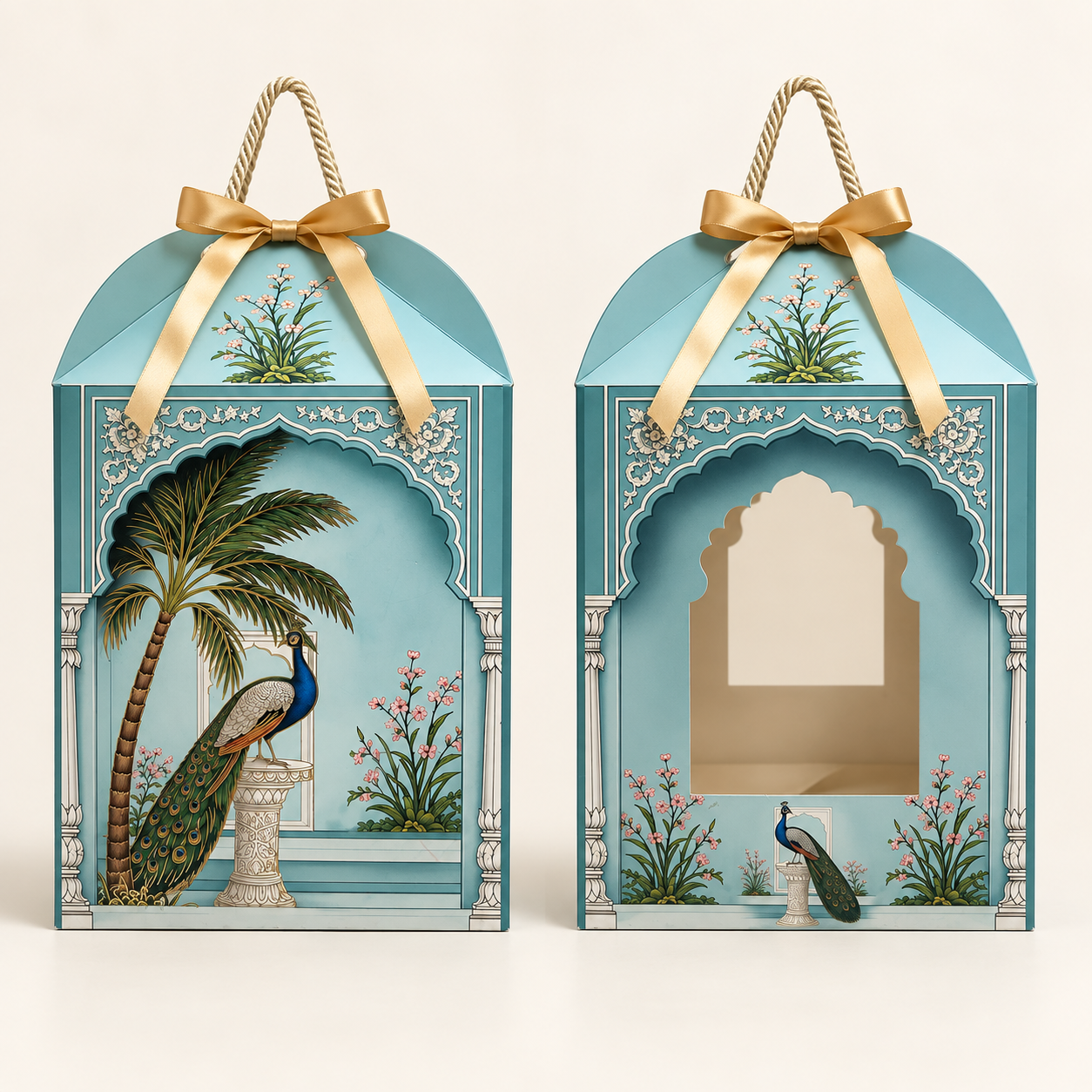 Peacock Print Paper Dome Window Hamper Box with Rope Handle – 8 x 12 x 8 Inch
