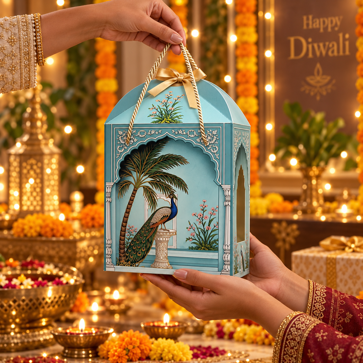Peacock Print Paper Dome Window Hamper Box with Rope Handle – 8 x 12 x 8 Inch