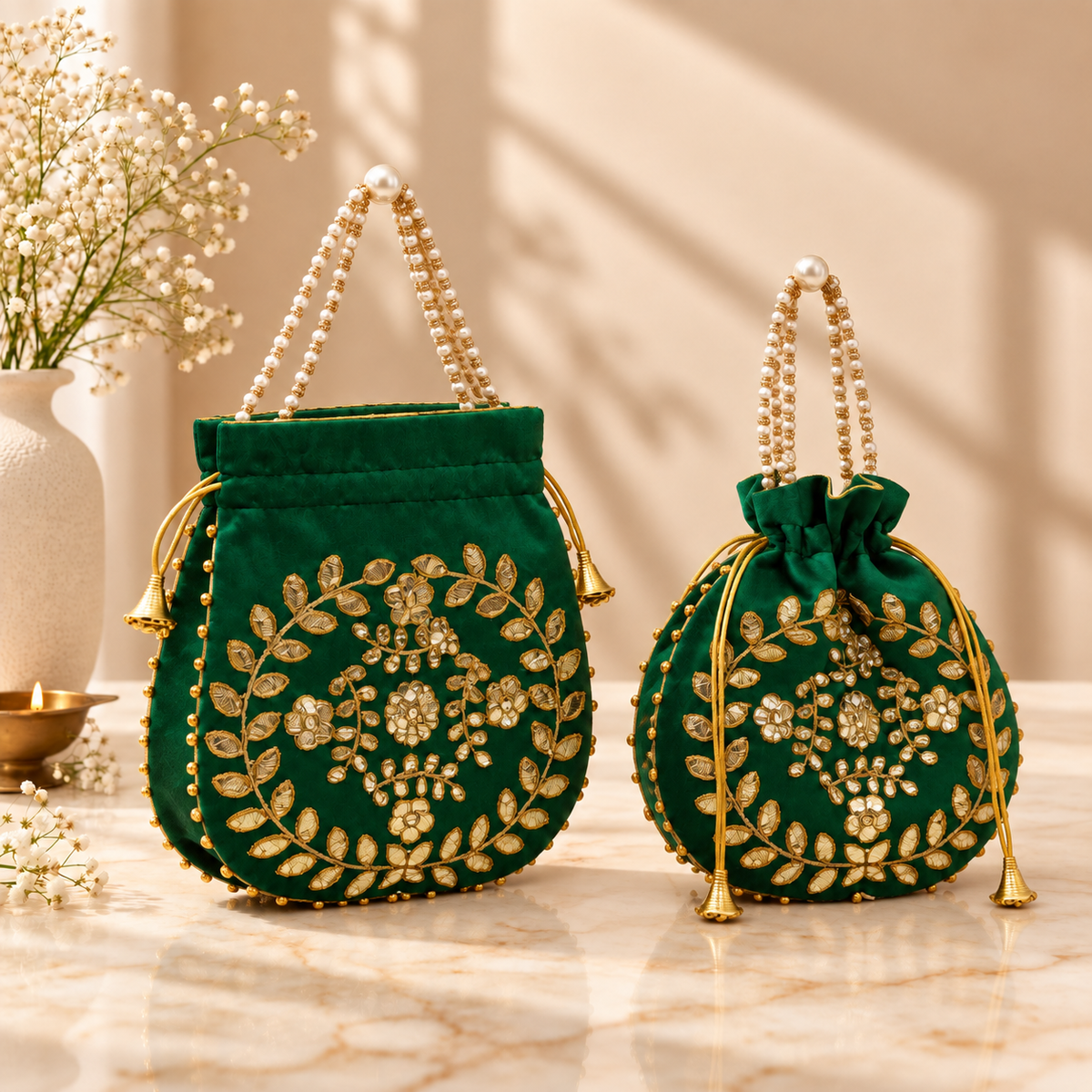 Pearl-style handle and drawstring detailing on Emerald Green Velvet Gota Patti potli bag