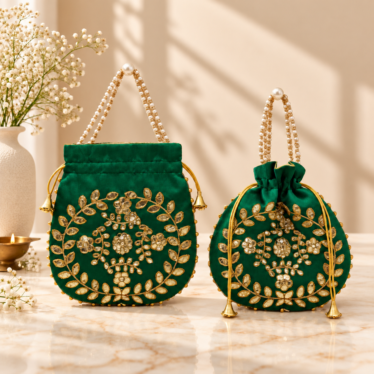 Emerald Green Velvet Gota Patti potli bag styled for wedding return gifts, bridal trousseau and festive gifting