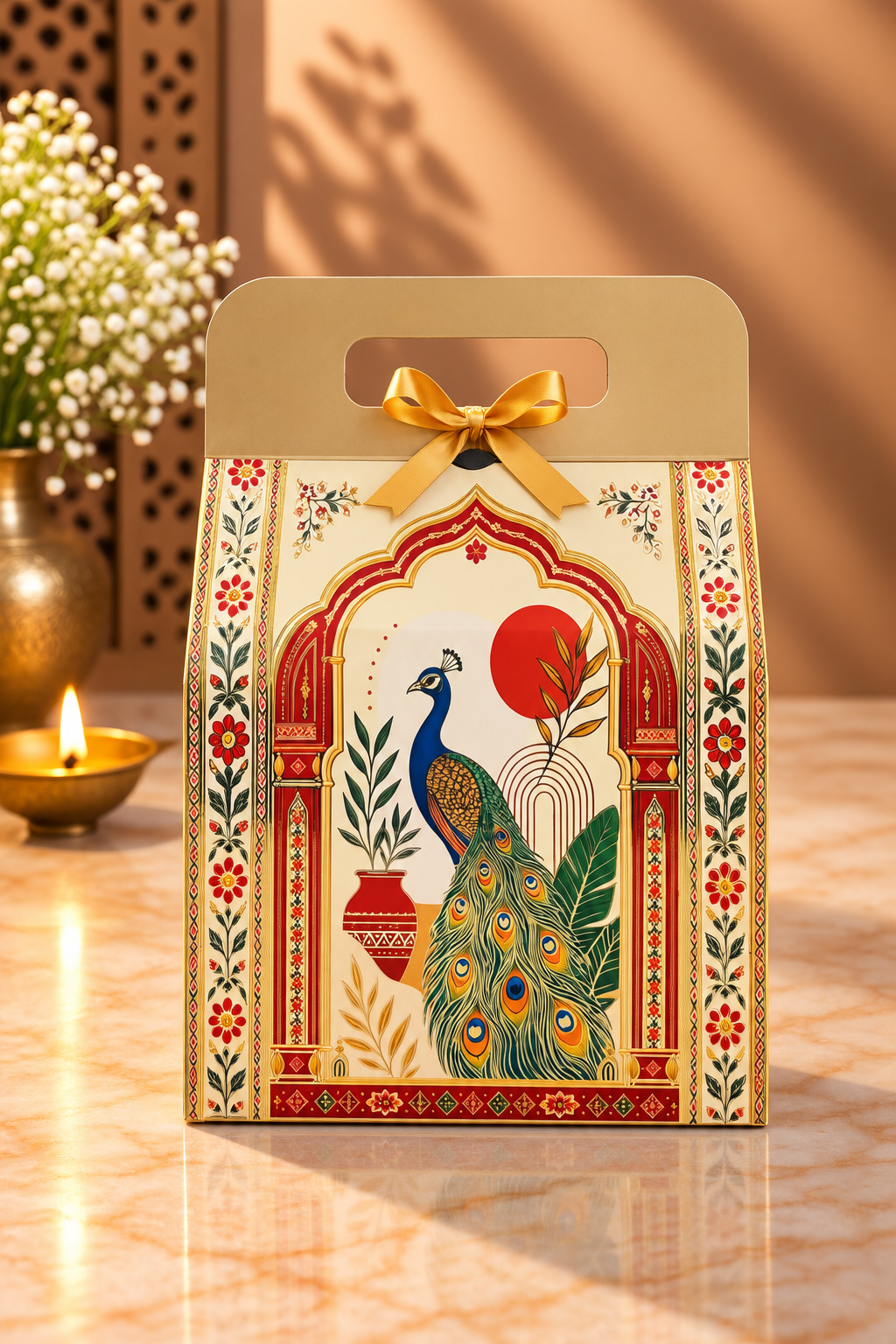 Pichwai Peacock Print hamper box with arch top and handle for wedding and festive gifting