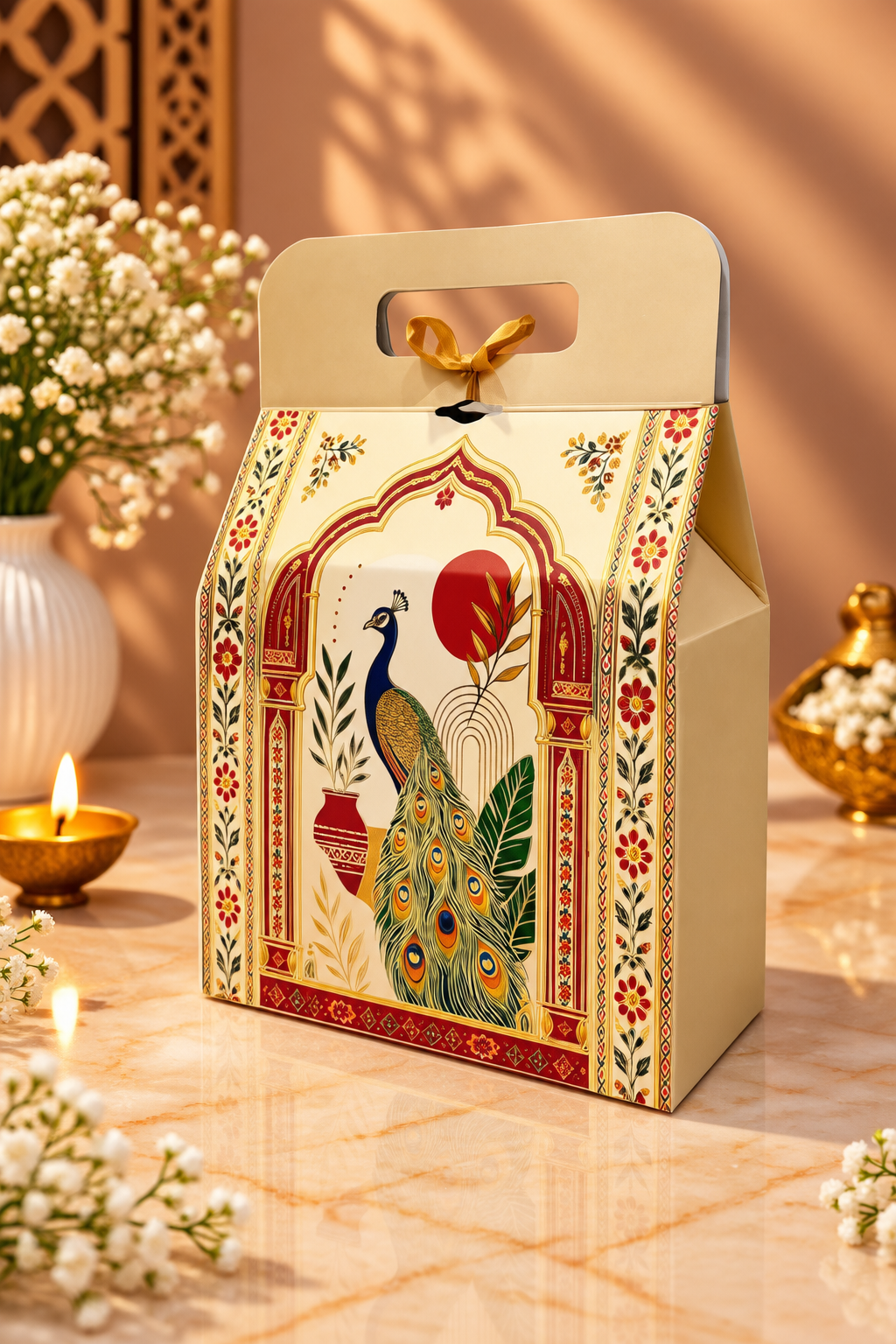 Compact Pichwai Peacock arch-top gift box with handle for premium hamper packaging