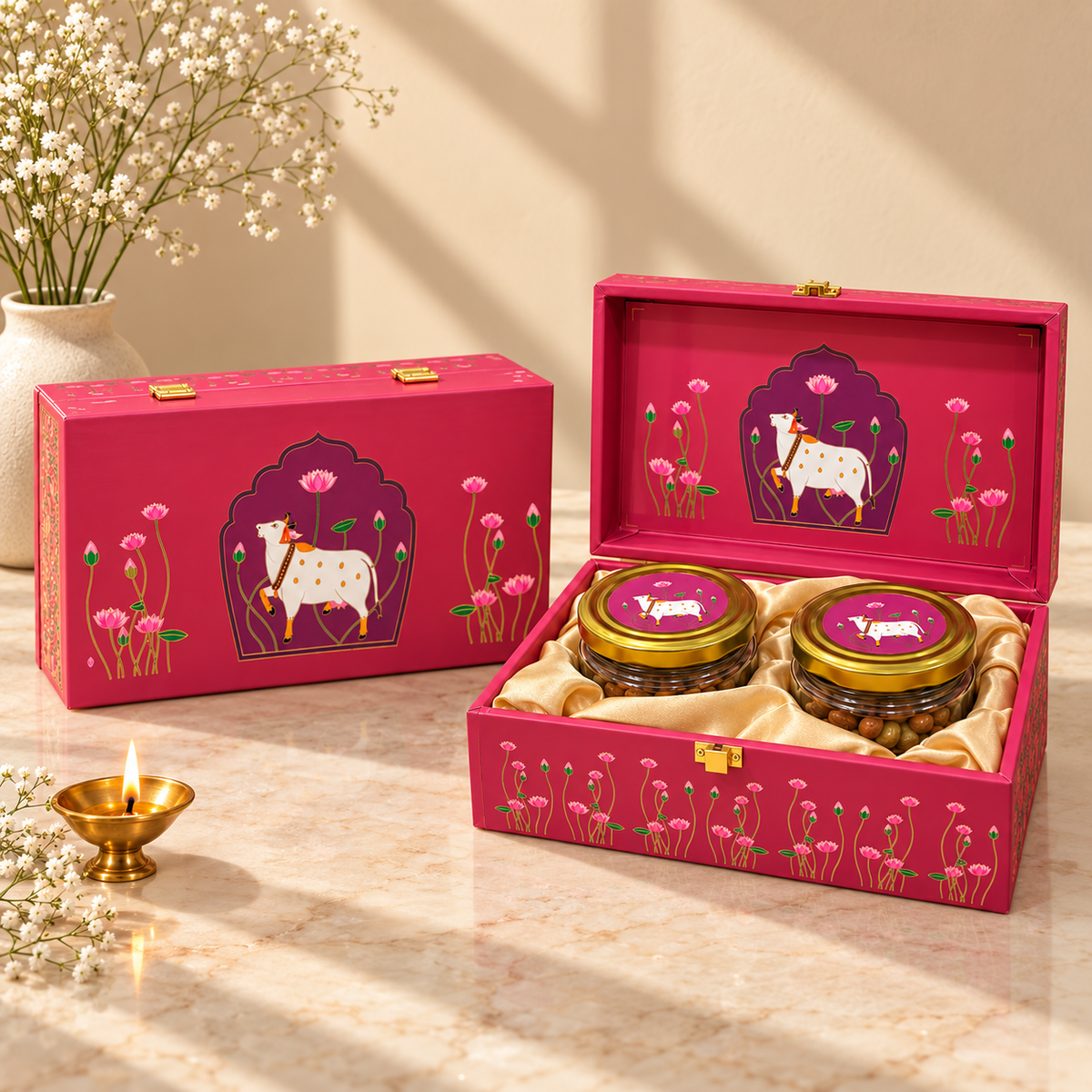 Closed Pink Kamdhenu luxury festive hamper box for Diwali, weddings and corporate gifting