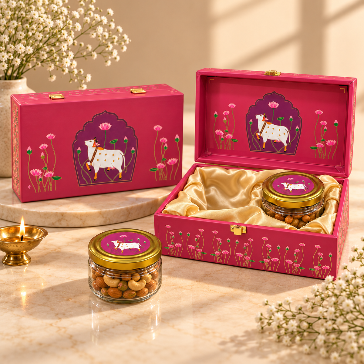 Open Pink Kamdhenu hamper box with two empty jars for customized Diwali and wedding gifting