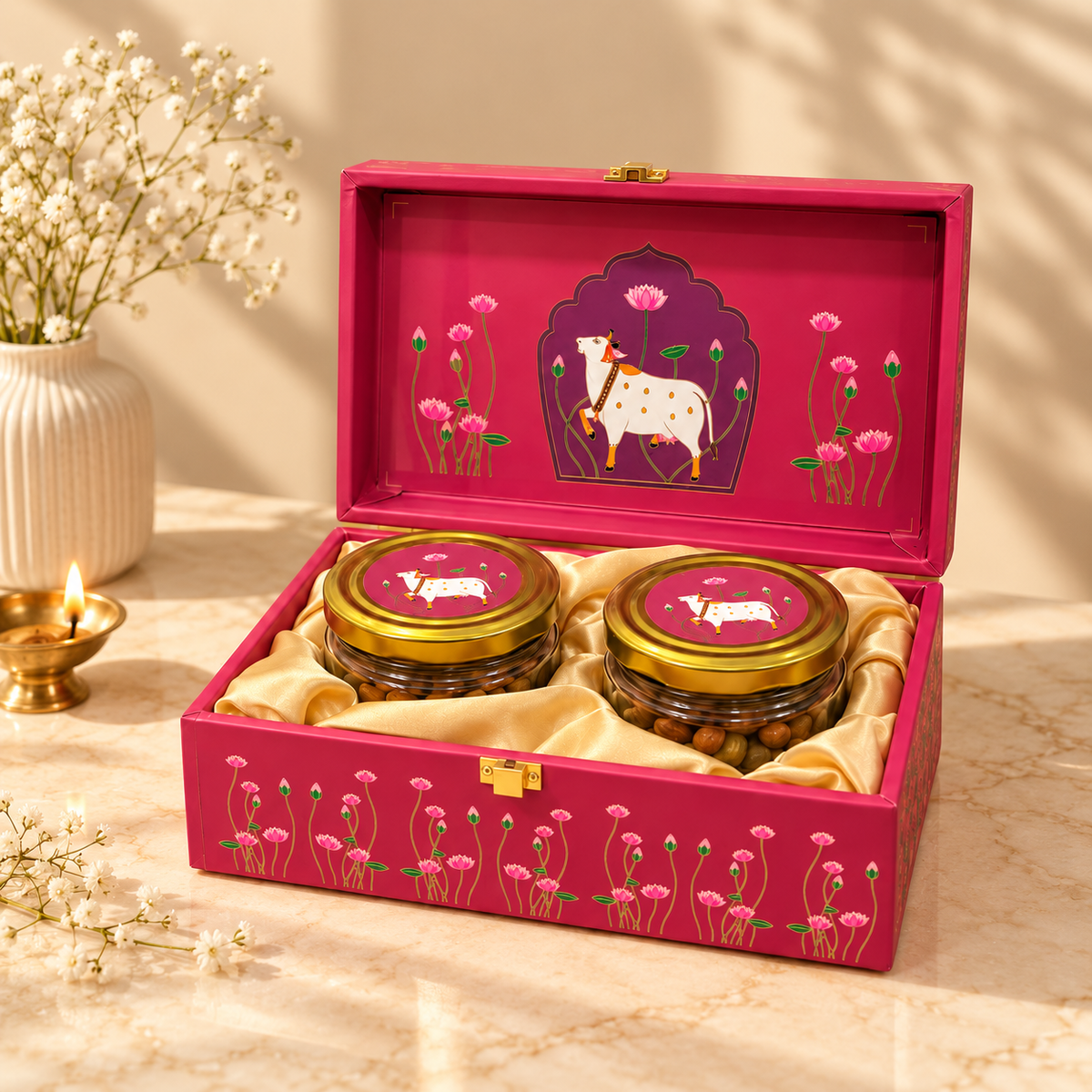 Pink Kamdhenu 2-Jar Luxury Festive Hamper Box