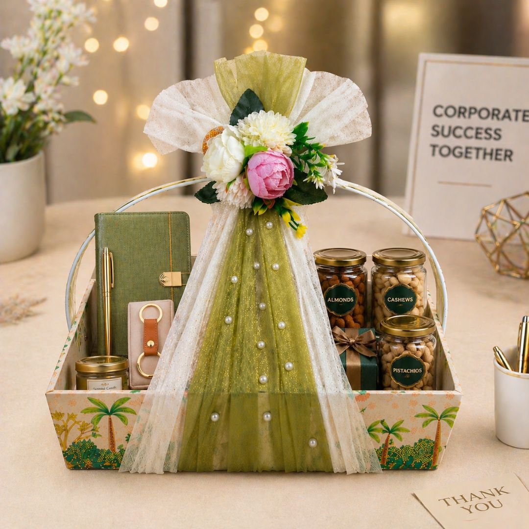 Gift basket with flowers, jars, and stationery on a table with a blurred background