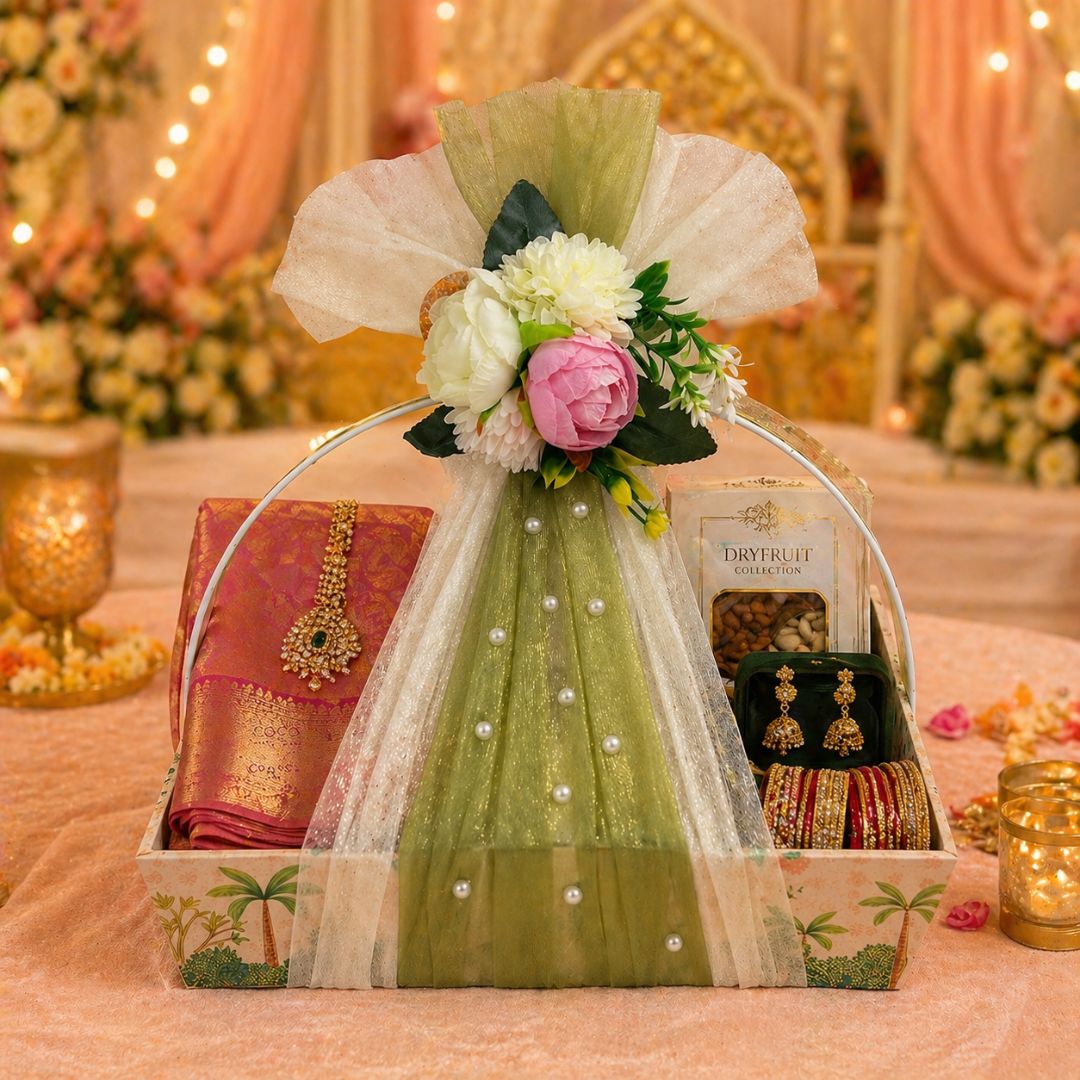 (Set of 3)Premium Floral Net Hamper Basket Tray (10 x 10 x 3.5 Inch) – Elegant Wedding, Return Gift & Corporate Hamper Tray