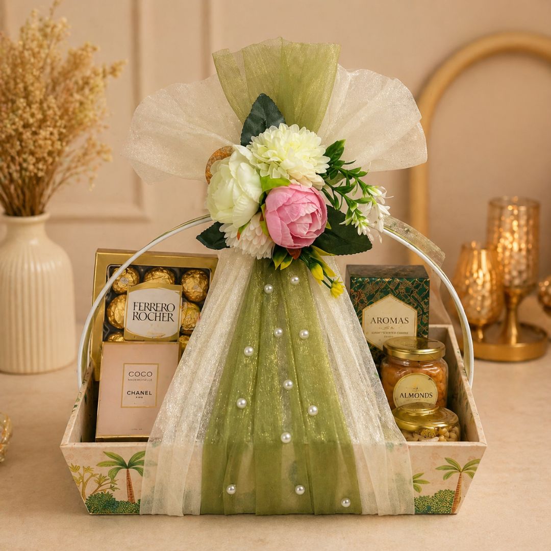 (Set of 3)Premium Floral Net Hamper Basket Tray (10 x 10 x 3.5 Inch) – Elegant Wedding, Return Gift & Corporate Hamper Tray