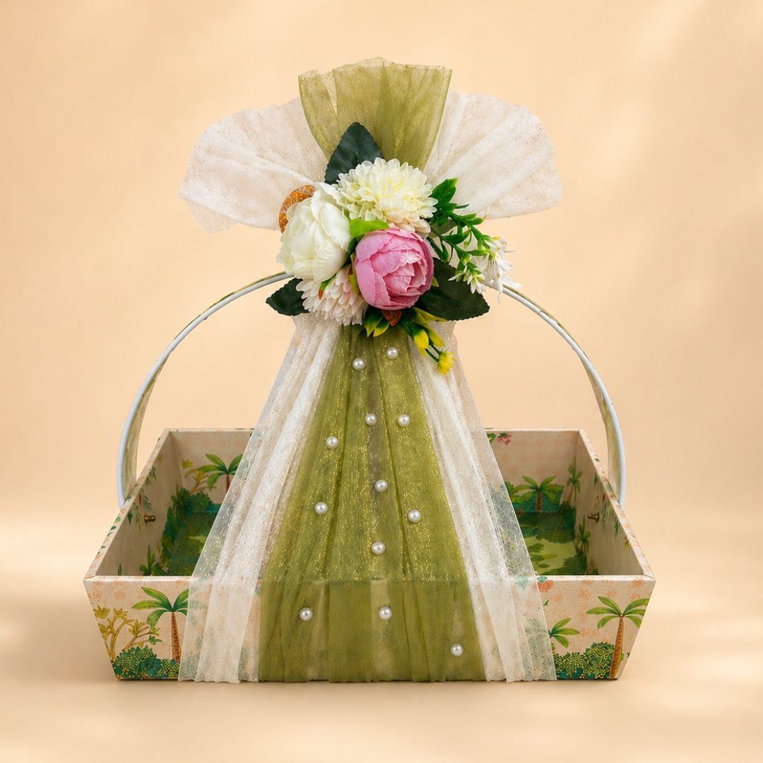 Decorative gift basket with flowers on a beige background