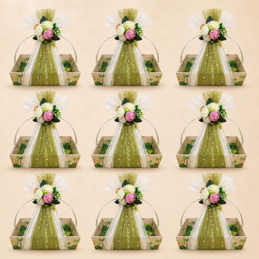 (Set of 3)Premium Floral Net Hamper Basket Tray (10 x 10 x 3.5 Inch) – Elegant Wedding, Return Gift & Corporate Hamper Tray