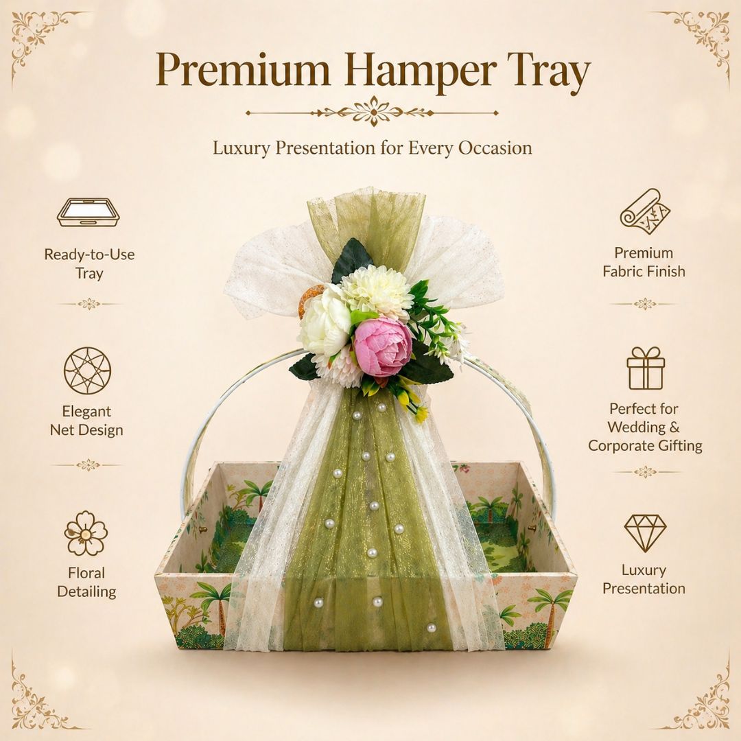 (Set of 3)Premium Floral Net Hamper Basket Tray (10 x 10 x 3.5 Inch) – Elegant Wedding, Return Gift & Corporate Hamper Tray