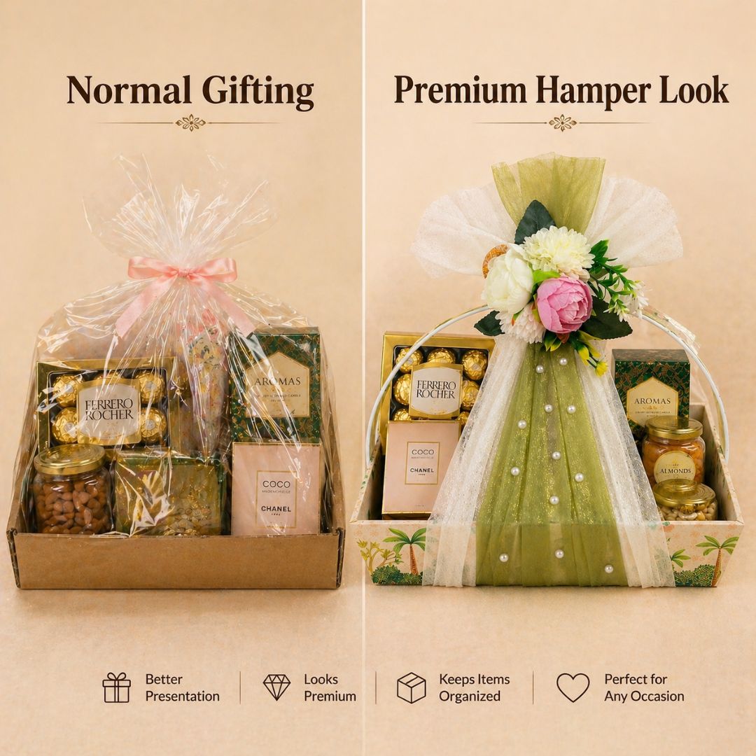 (Set of 3)Premium Floral Net Hamper Basket Tray (10 x 10 x 3.5 Inch) – Elegant Wedding, Return Gift & Corporate Hamper Tray