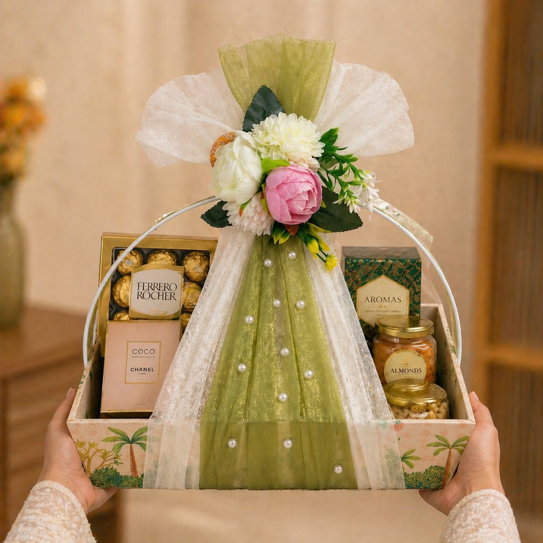 (Set of 3)Premium Floral Net Hamper Basket Tray (10 x 10 x 3.5 Inch) – Elegant Wedding, Return Gift & Corporate Hamper Tray