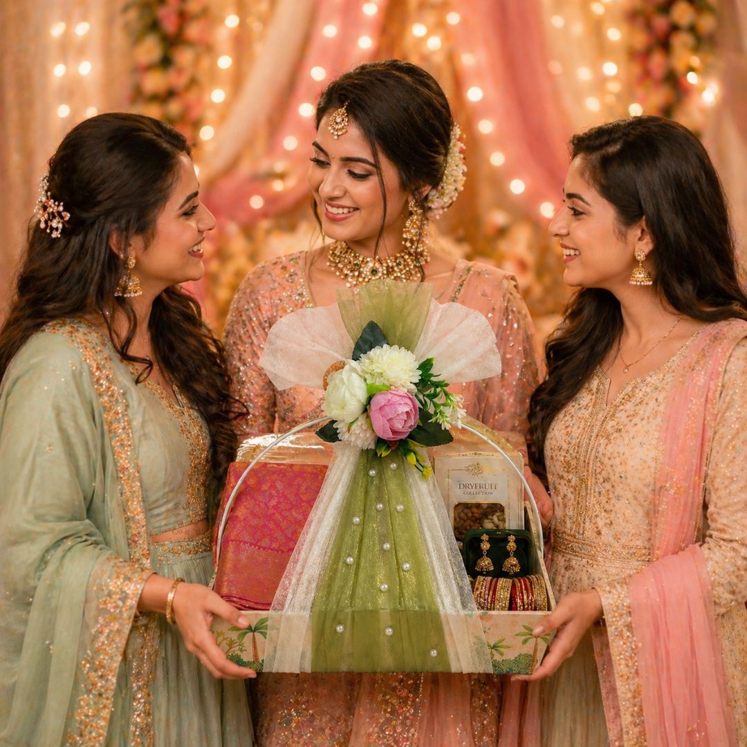 (Set of 3)Premium Floral Net Hamper Basket Tray (10 x 10 x 3.5 Inch) – Elegant Wedding, Return Gift & Corporate Hamper Tray