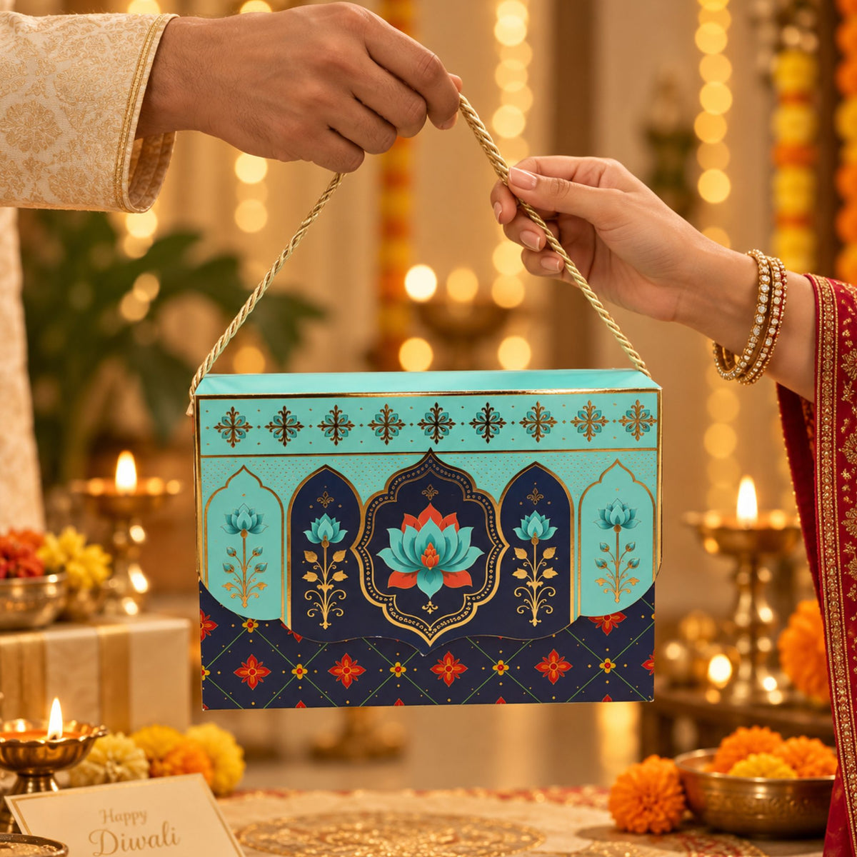 Premium Floral Printed Heavy Paper Hamper Box with Rope Handle – 9 x 6.5 x 3 Inch