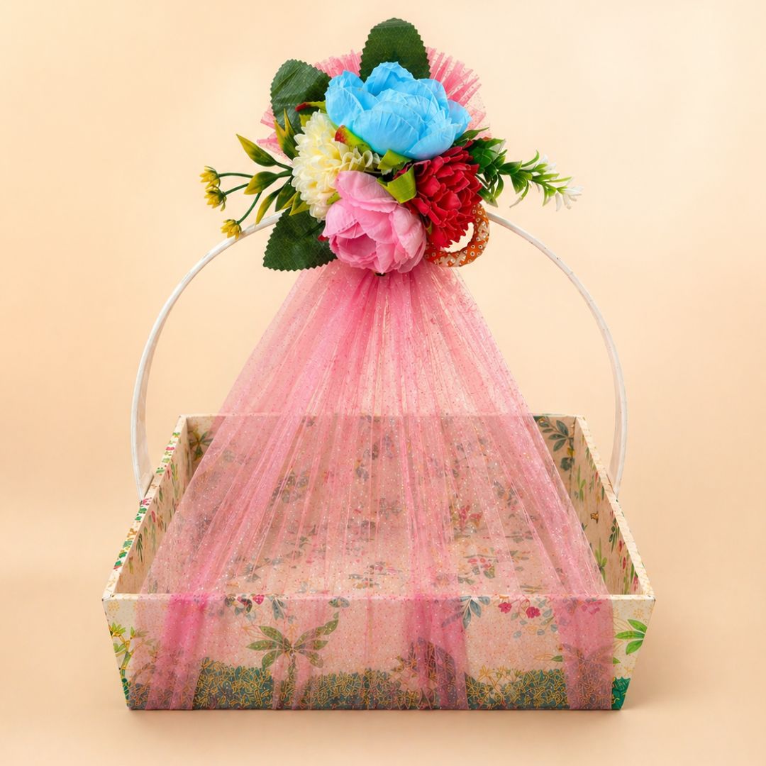 (Set of 3)Premium Pink Floral Net Hamper Basket (10 x 10 x 3.5 Inch) – Luxury Wedding, Return Gift & Corporate Gifting Trays