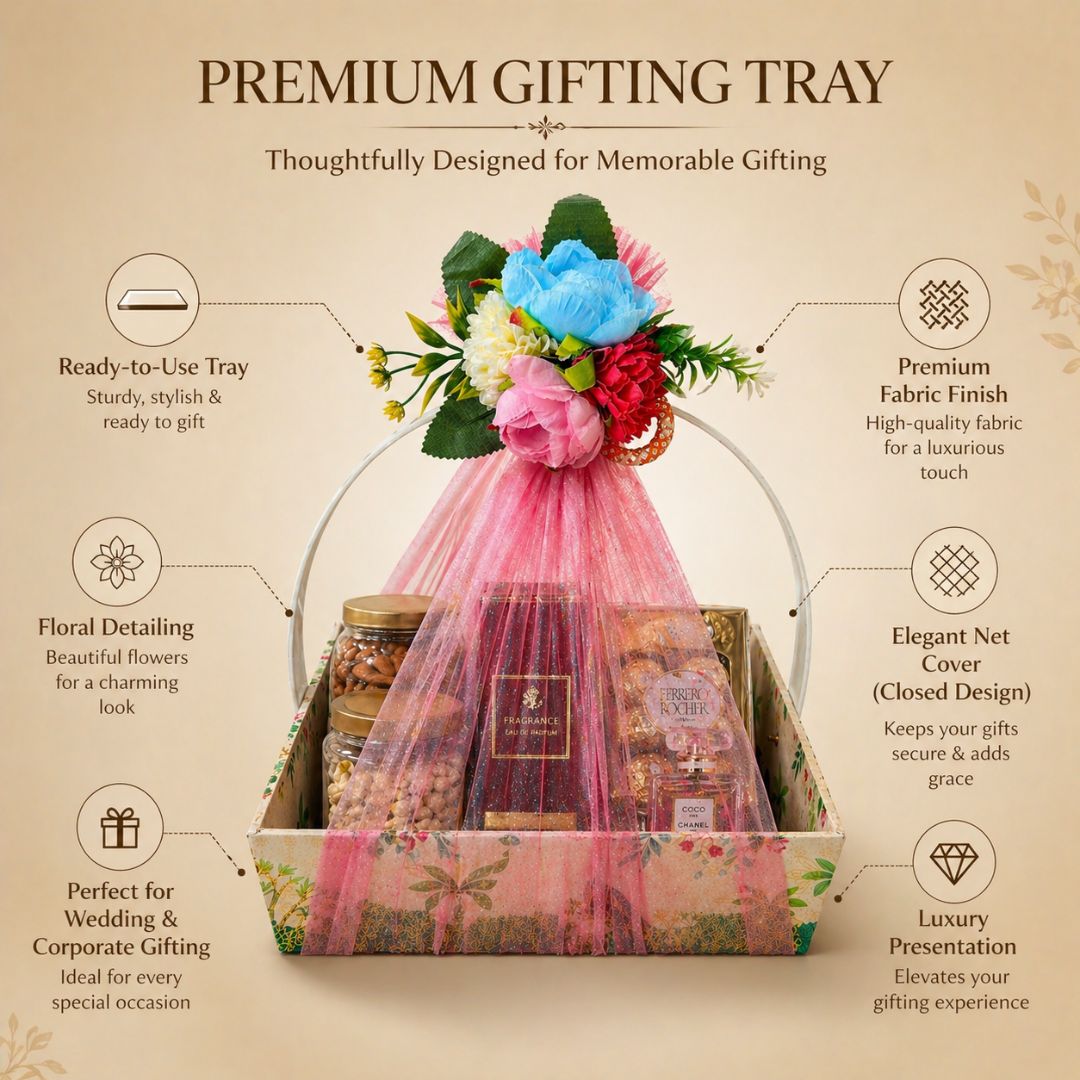 (Set of 3)Premium Pink Floral Net Hamper Basket (10 x 10 x 3.5 Inch) – Luxury Wedding, Return Gift & Corporate Gifting Trays - Adscraft.in