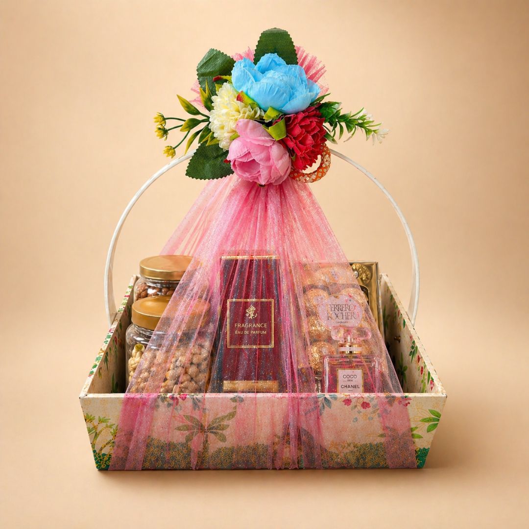 (Set of 3)Premium Pink Floral Net Hamper Basket (10 x 10 x 3.5 Inch) – Luxury Wedding, Return Gift & Corporate Gifting Trays - Adscraft.in
