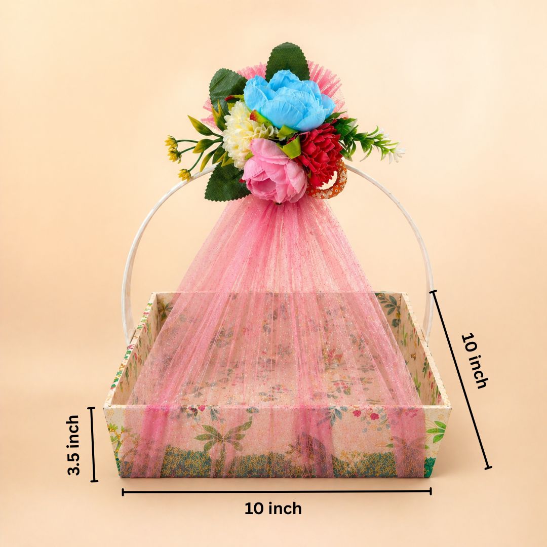 (Set of 3)Premium Pink Floral Net Hamper Basket (10 x 10 x 3.5 Inch) – Luxury Wedding, Return Gift & Corporate Gifting Trays - Adscraft.in