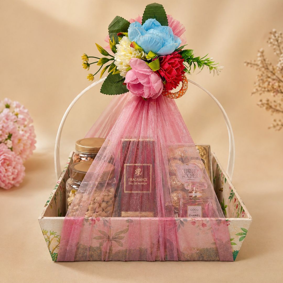 (Set of 3)Premium Pink Floral Net Hamper Basket (10 x 10 x 3.5 Inch) – Luxury Wedding, Return Gift & Corporate Gifting Trays