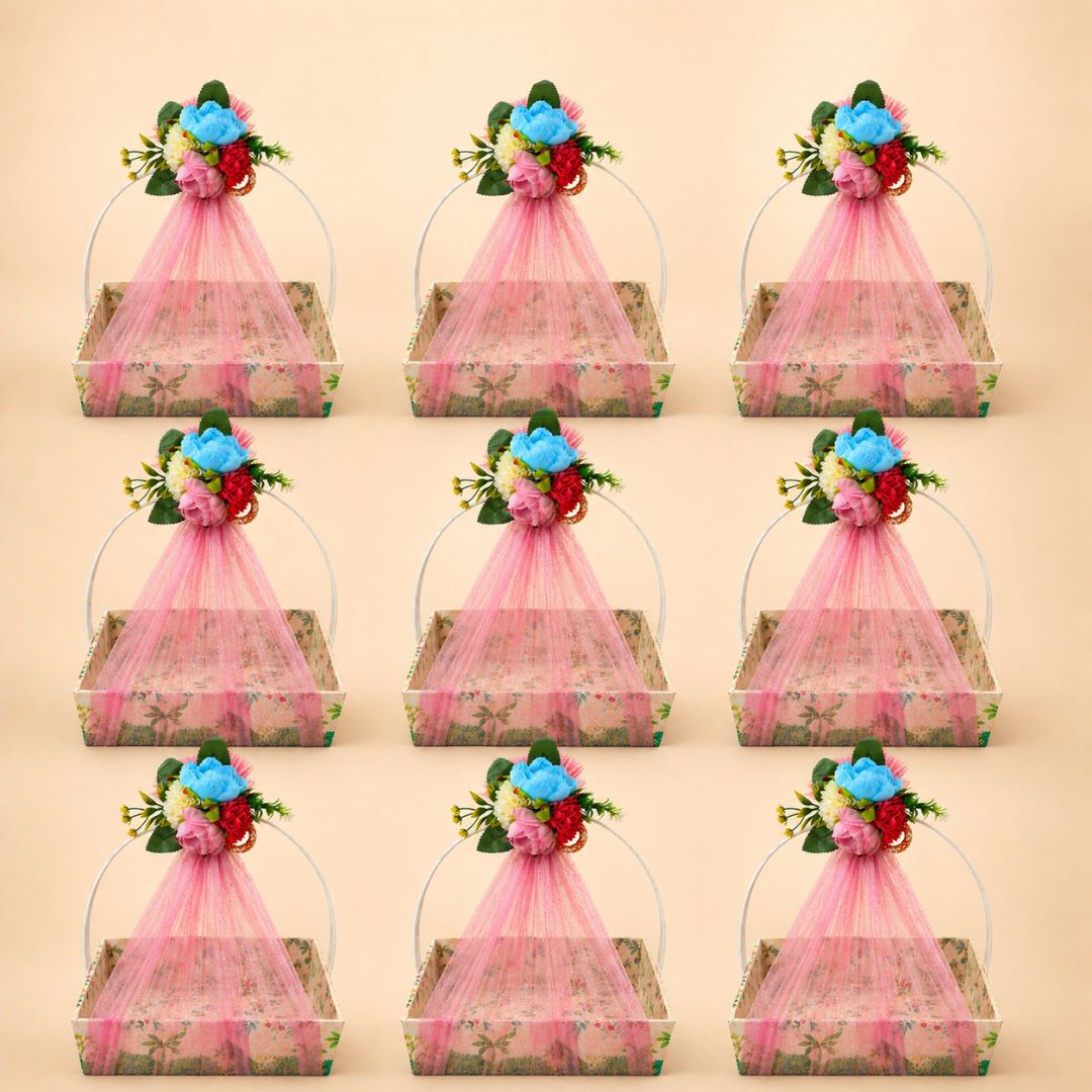 (Set of 3)Premium Pink Floral Net Hamper Basket (10 x 10 x 3.5 Inch) – Luxury Wedding, Return Gift & Corporate Gifting Trays - Adscraft.in
