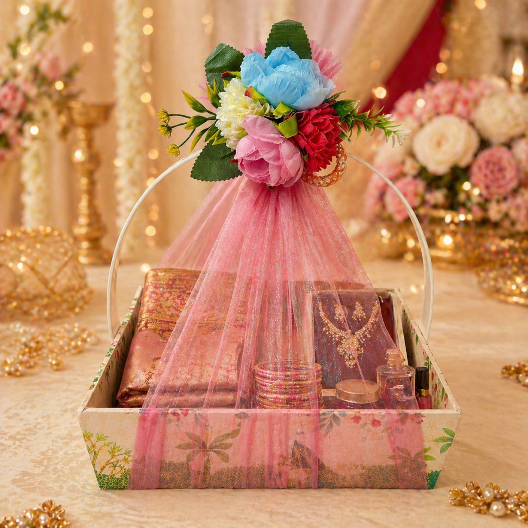 (Set of 3)Premium Pink Floral Net Hamper Basket (10 x 10 x 3.5 Inch) – Luxury Wedding, Return Gift & Corporate Gifting Trays - Adscraft.in