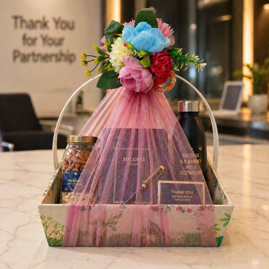 (Set of 3)Premium Pink Floral Net Hamper Basket (10 x 10 x 3.5 Inch) – Luxury Wedding, Return Gift & Corporate Gifting Trays - Adscraft.in