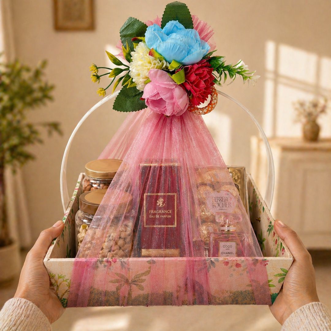 (Set of 3)Premium Pink Floral Net Hamper Basket (10 x 10 x 3.5 Inch) – Luxury Wedding, Return Gift & Corporate Gifting Trays - Adscraft.in