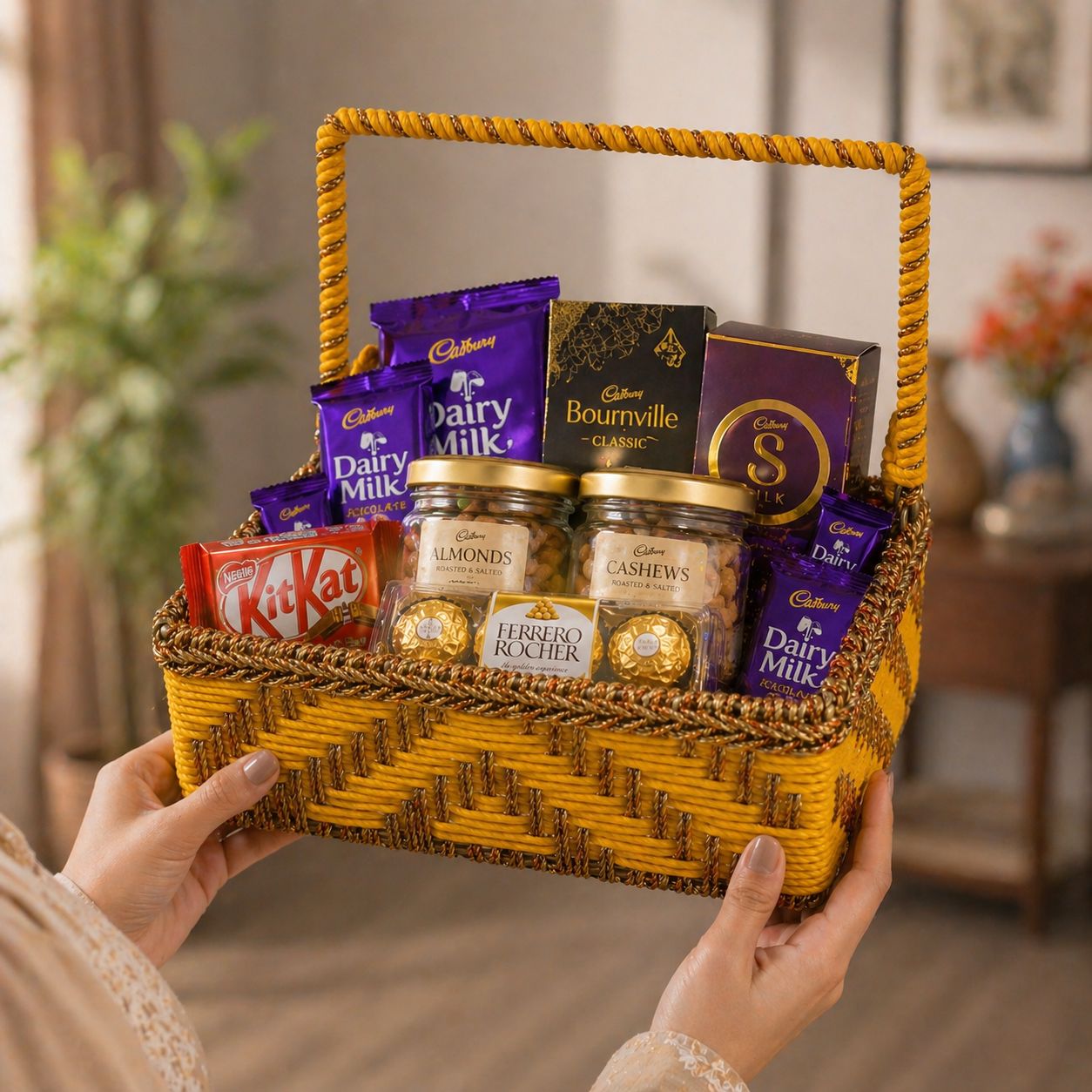 (Set of 3) Premium Yellow Handwoven Gift Basket with Handle – Wedding Trousseau & Hamper Packaging Basket (10 x 10 x 3.5 Inch) - Adscraft.in
