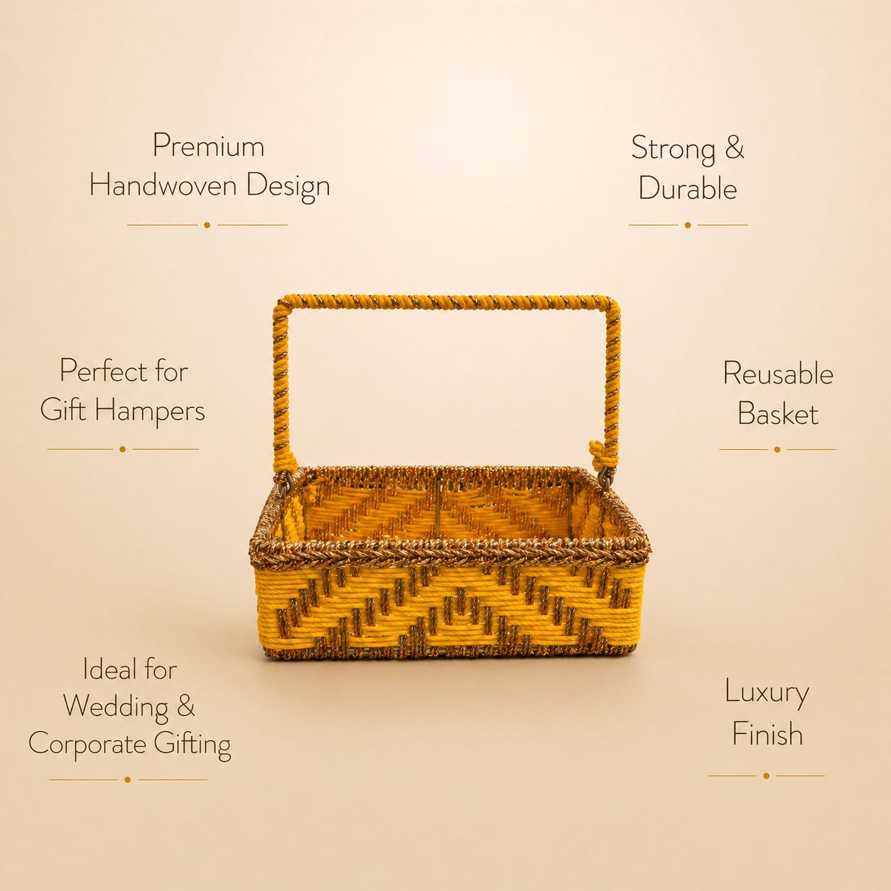 (Set of 3) Premium Yellow Handwoven Gift Basket with Handle – Wedding Trousseau & Hamper Packaging Basket (10 x 10 x 3.5 Inch) - Adscraft.in