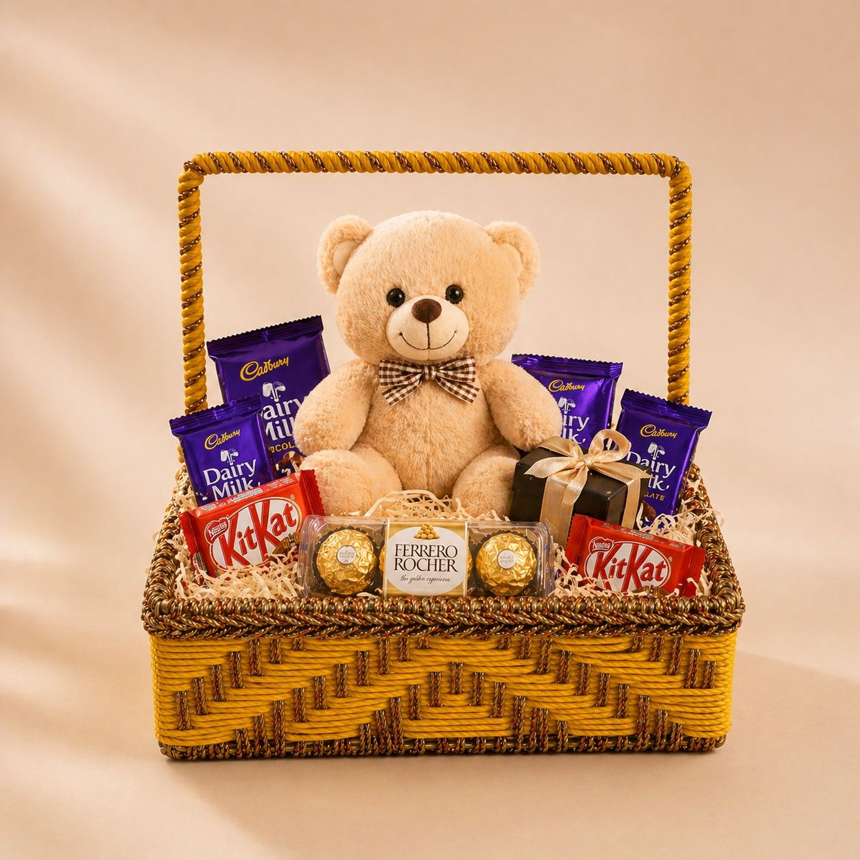 (Set of 3) Premium Yellow Handwoven Gift Basket with Handle – Wedding Trousseau & Hamper Packaging Basket (10 x 10 x 3.5 Inch)