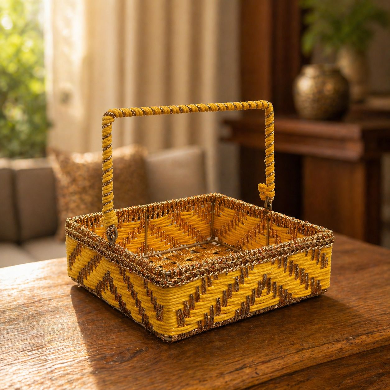 (Set of 3) Premium Yellow Handwoven Gift Basket with Handle – Wedding Trousseau & Hamper Packaging Basket (10 x 10 x 3.5 Inch) - Adscraft.in