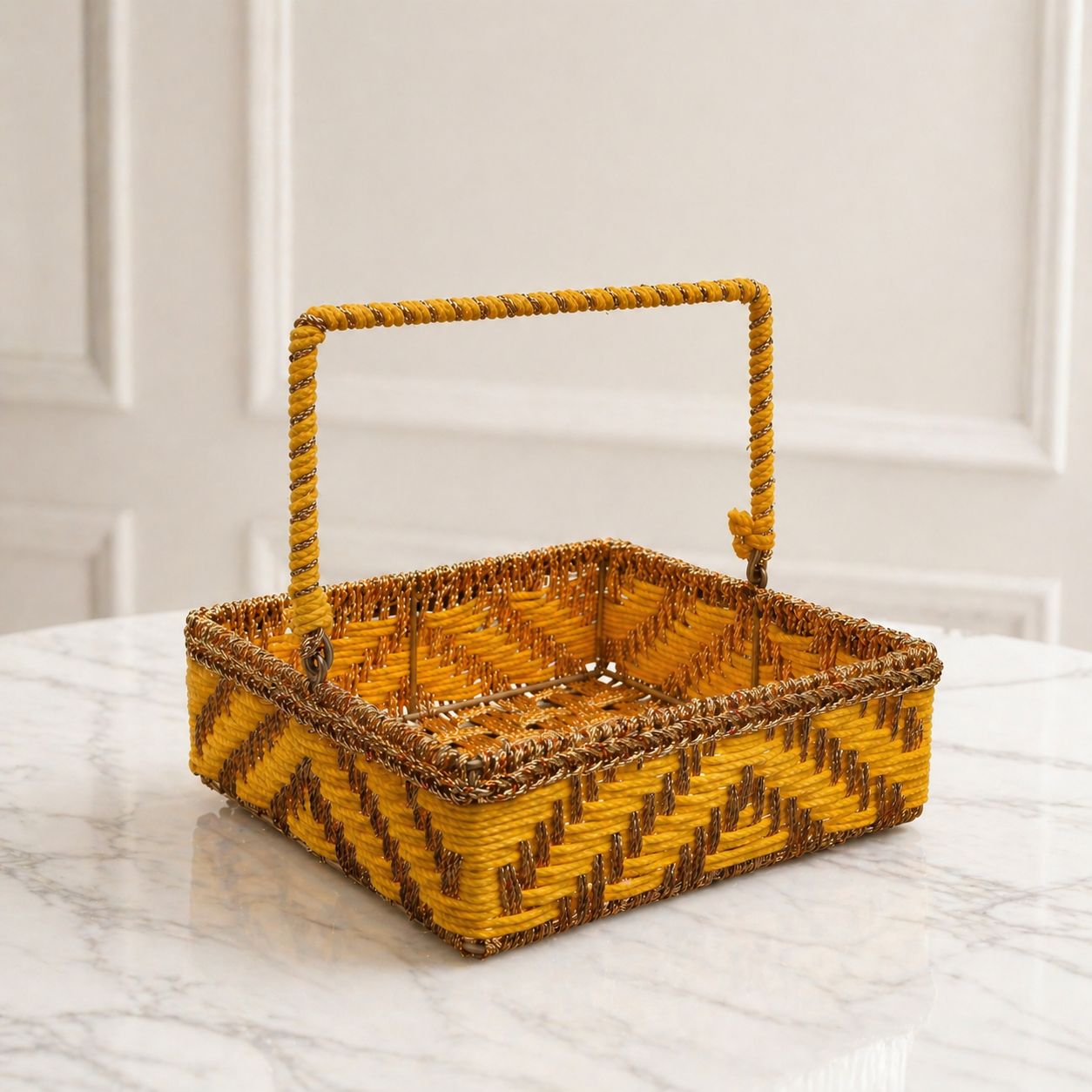 (Set of 3) Premium Yellow Handwoven Gift Basket with Handle – Wedding Trousseau & Hamper Packaging Basket (10 x 10 x 3.5 Inch) - Adscraft.in