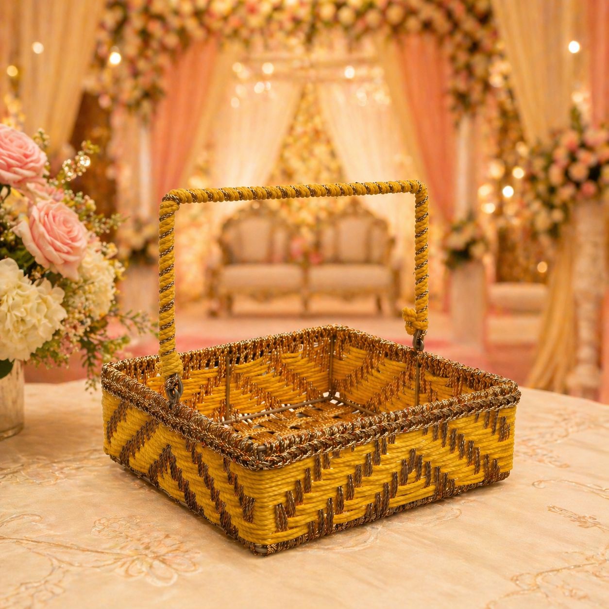 (Set of 3) Premium Yellow Handwoven Gift Basket with Handle – Wedding Trousseau & Hamper Packaging Basket (10 x 10 x 3.5 Inch) - Adscraft.in