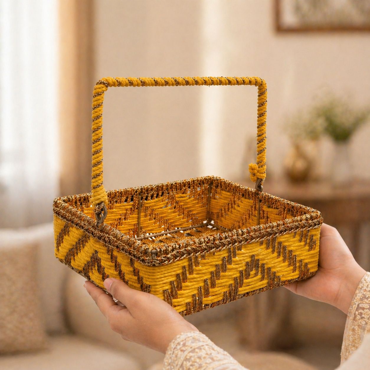(Set of 3) Premium Yellow Handwoven Gift Basket with Handle – Wedding Trousseau & Hamper Packaging Basket (10 x 10 x 3.5 Inch) - Adscraft.in