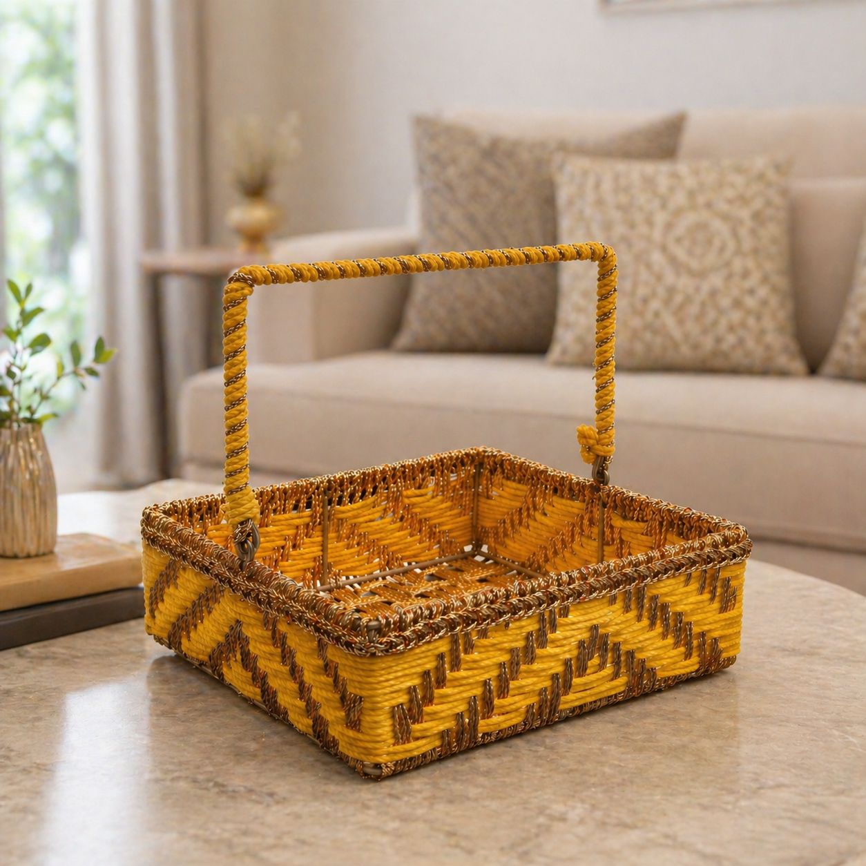 (Set of 3) Premium Yellow Handwoven Gift Basket with Handle – Wedding Trousseau & Hamper Packaging Basket (10 x 10 x 3.5 Inch)