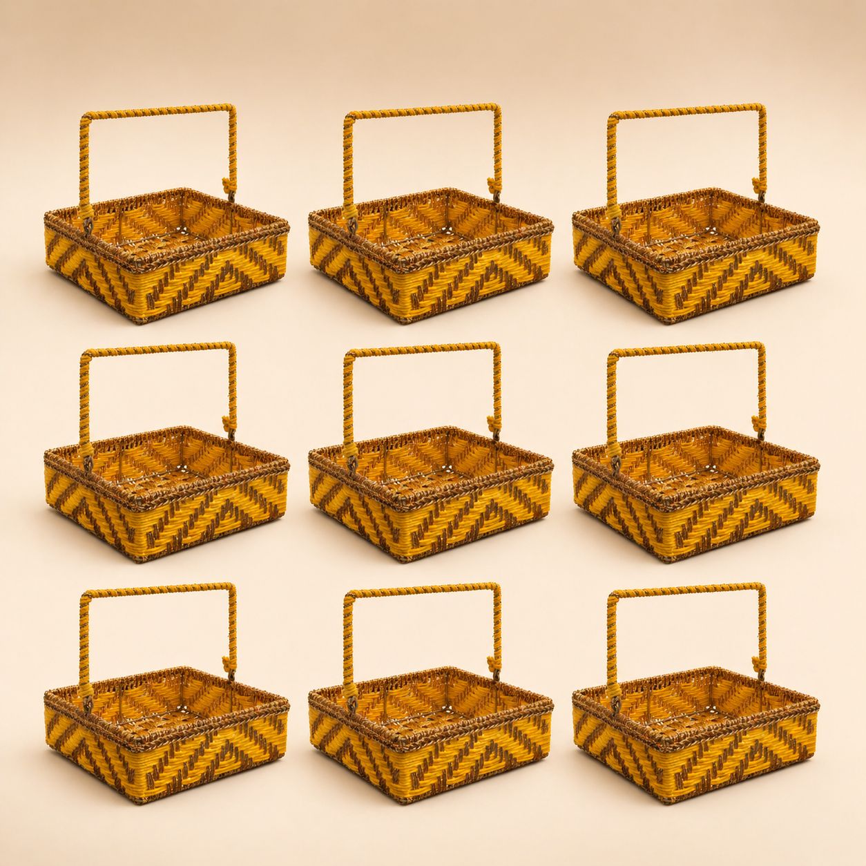 (Set of 3) Premium Yellow Handwoven Gift Basket with Handle – Wedding Trousseau & Hamper Packaging Basket (10 x 10 x 3.5 Inch) - Adscraft.in