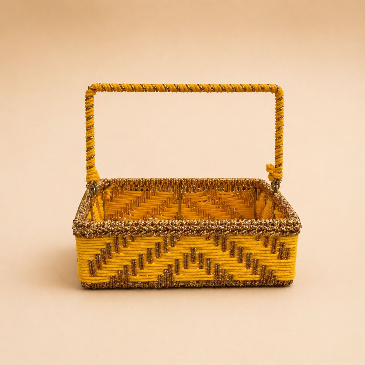 (Set of 3) Premium Yellow Handwoven Gift Basket with Handle – Wedding Trousseau & Hamper Packaging Basket (10 x 10 x 3.5 Inch) - Adscraft.in