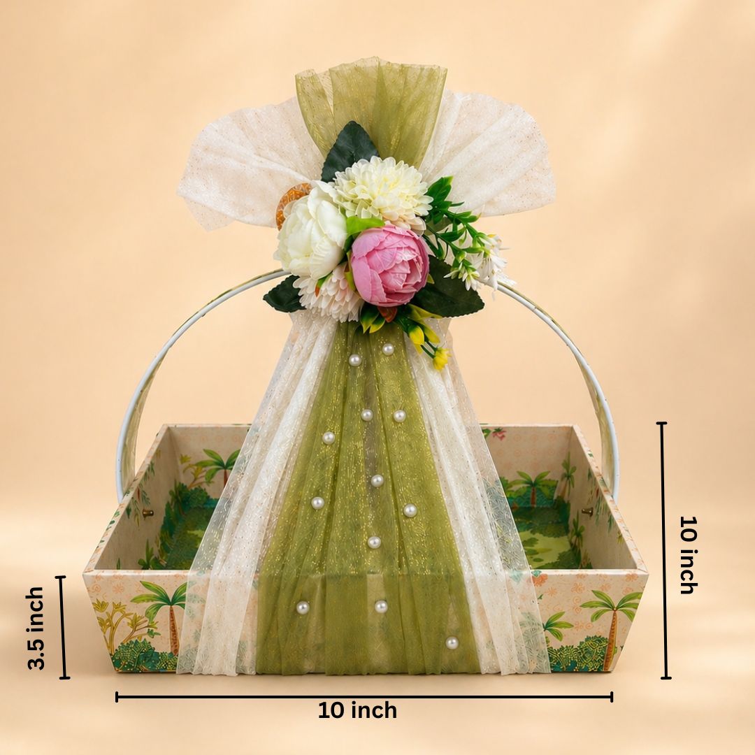 (Set of 3)Premium Floral Net Hamper Basket Tray (10 x 10 x 3.5 Inch) – Elegant Wedding, Return Gift & Corporate Hamper Tray