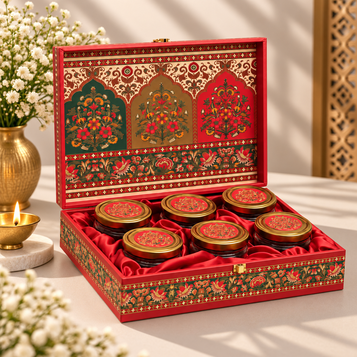 Rajasthani floral arch artwork gift box with six jars measuring 10 x 10 x 4 inches pack of 5