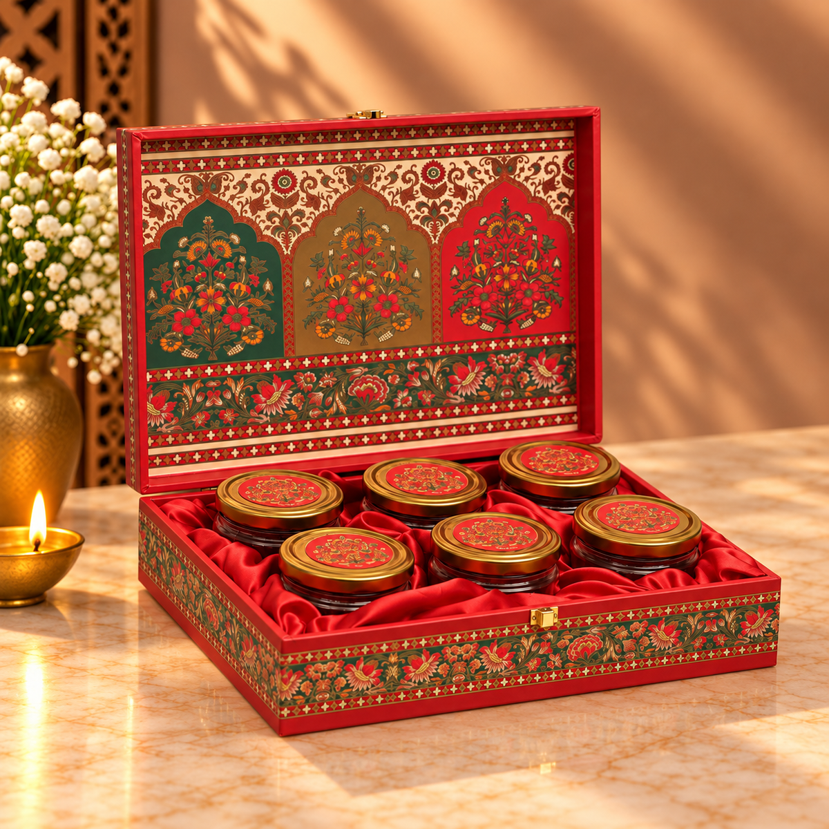 Open Rajasthani floral 6-jar gift box for dry fruits, sweets, chocolates and festive gifting