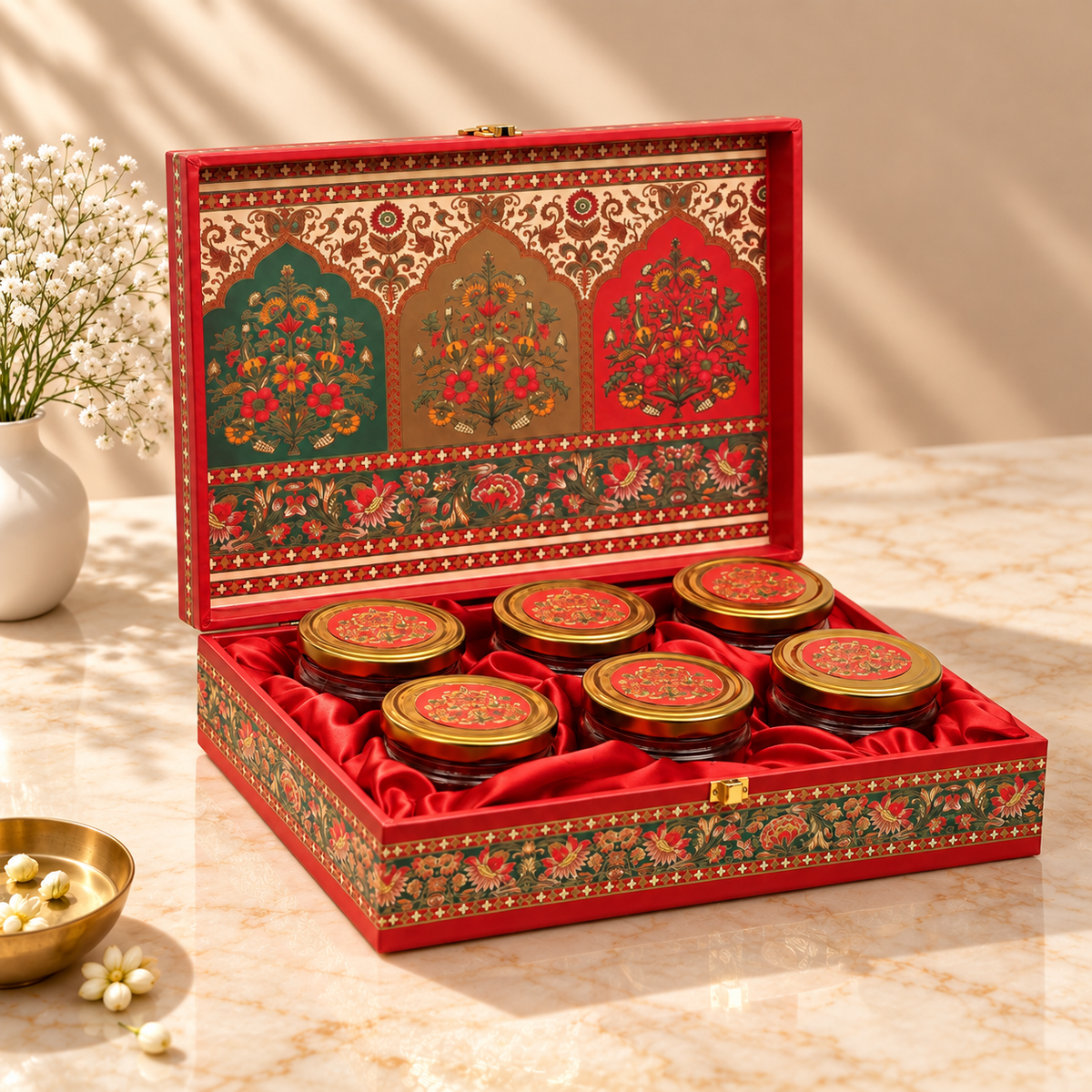 Premium Rajasthani floral arch artwork gift box for Diwali, wedding and corporate gifting
