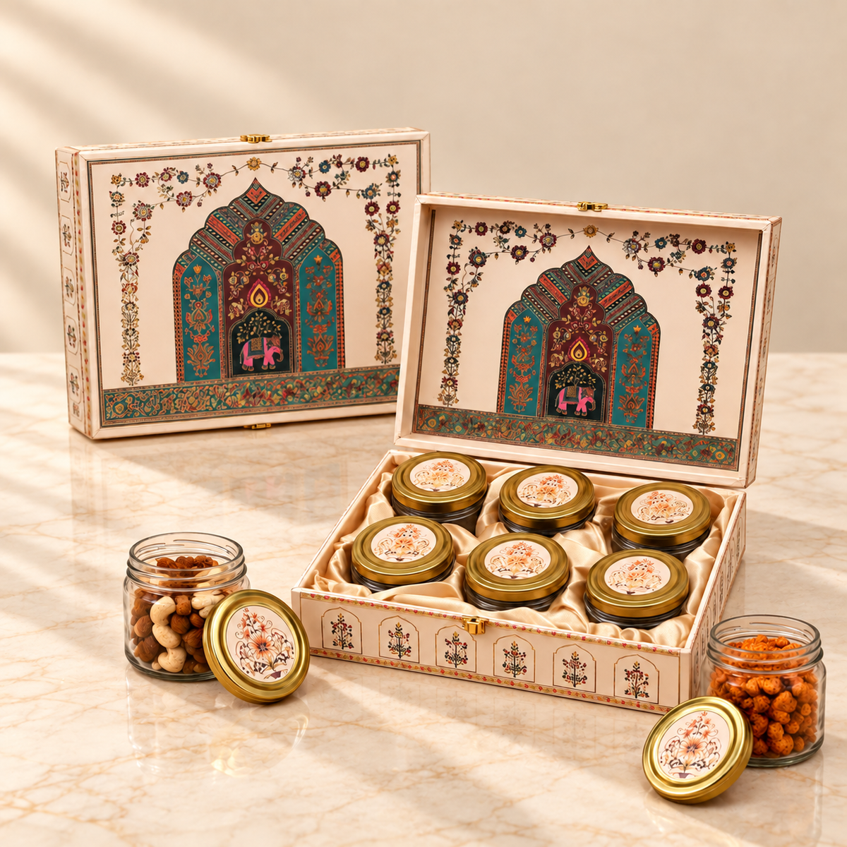 Open Rajwadi Jharokha 6-jar luxury gift box without dry fruits for Diwali and wedding gifting