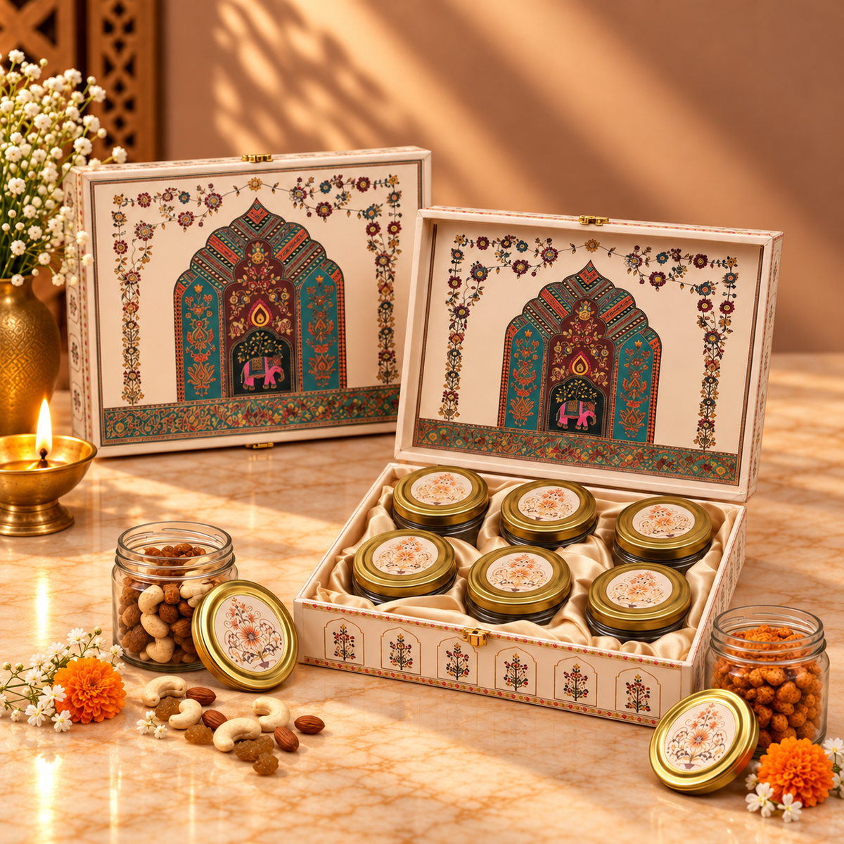Premium Rajwadi Jharokha Theme gift box with royal Indian design for festive and corporate gifting