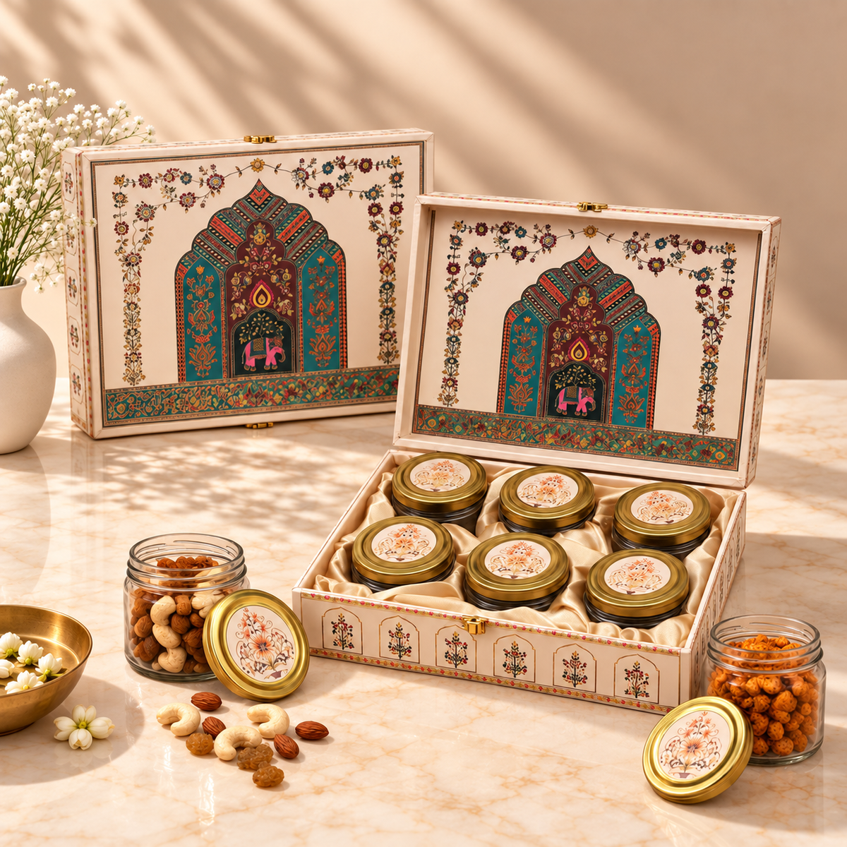 Rajwadi Jharokha Theme luxury gift box with six jars without dry fruits measuring 13 x 10 x 5 inches