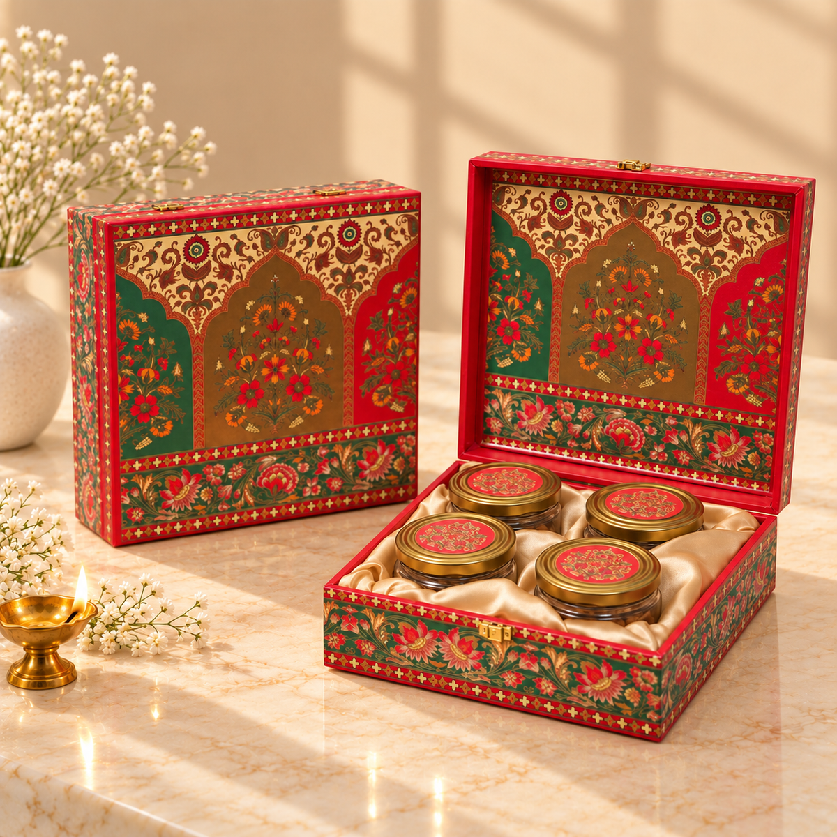 Rajwadi Mughal Floral 4-jar luxury dry fruit gift box for Diwali, weddings and corporate gifting