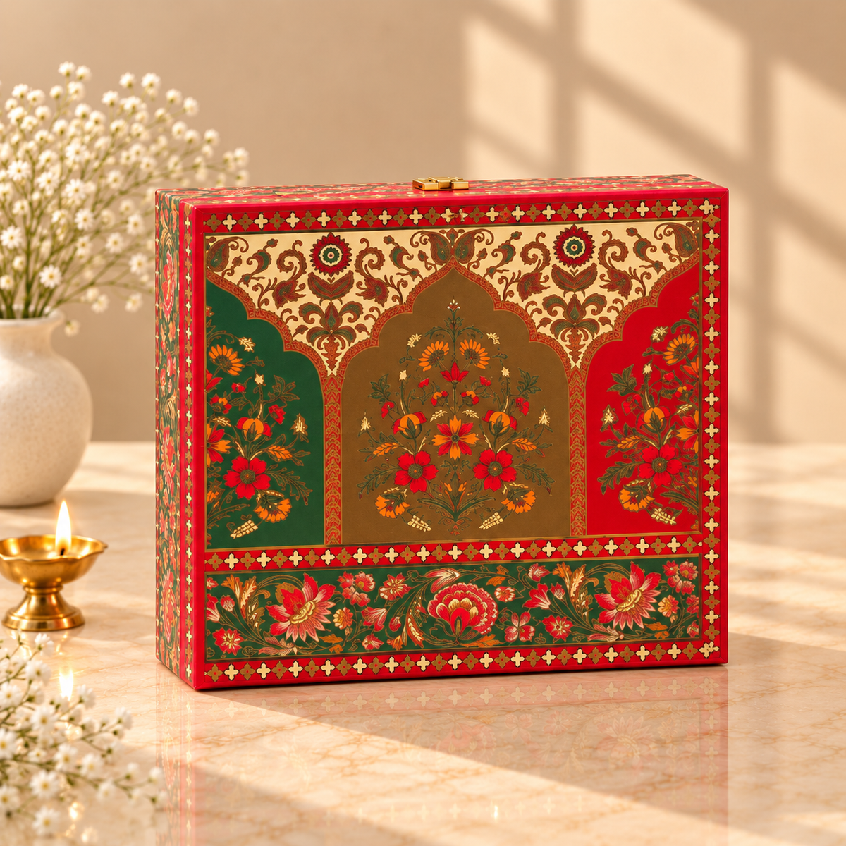 Open Rajwadi Mughal Floral 4-jar gift box for dry fruits, sweets, chocolates and festive gifting