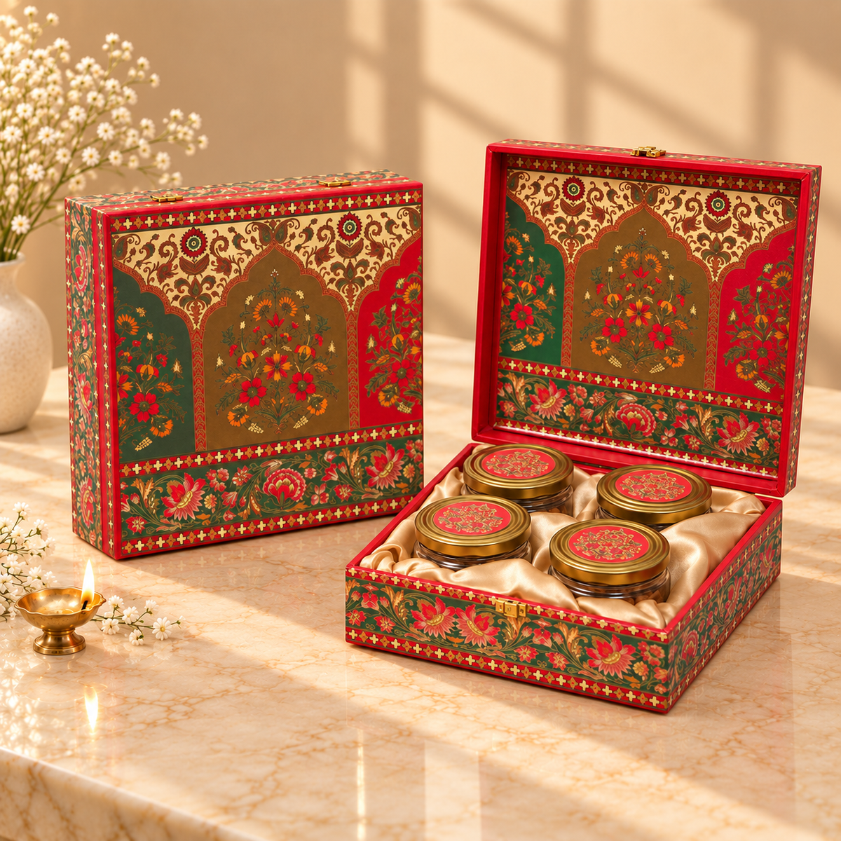 Rajwadi Mughal Floral 4-jar gift box measuring 9.5 x 9.5 x 3.5 inches available in pack of 5