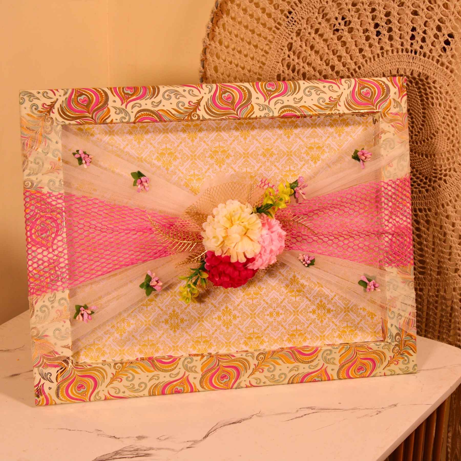 Set of 3 Ready-to-Use Pink & Cream Decorative Trays with Designer Floral Accents