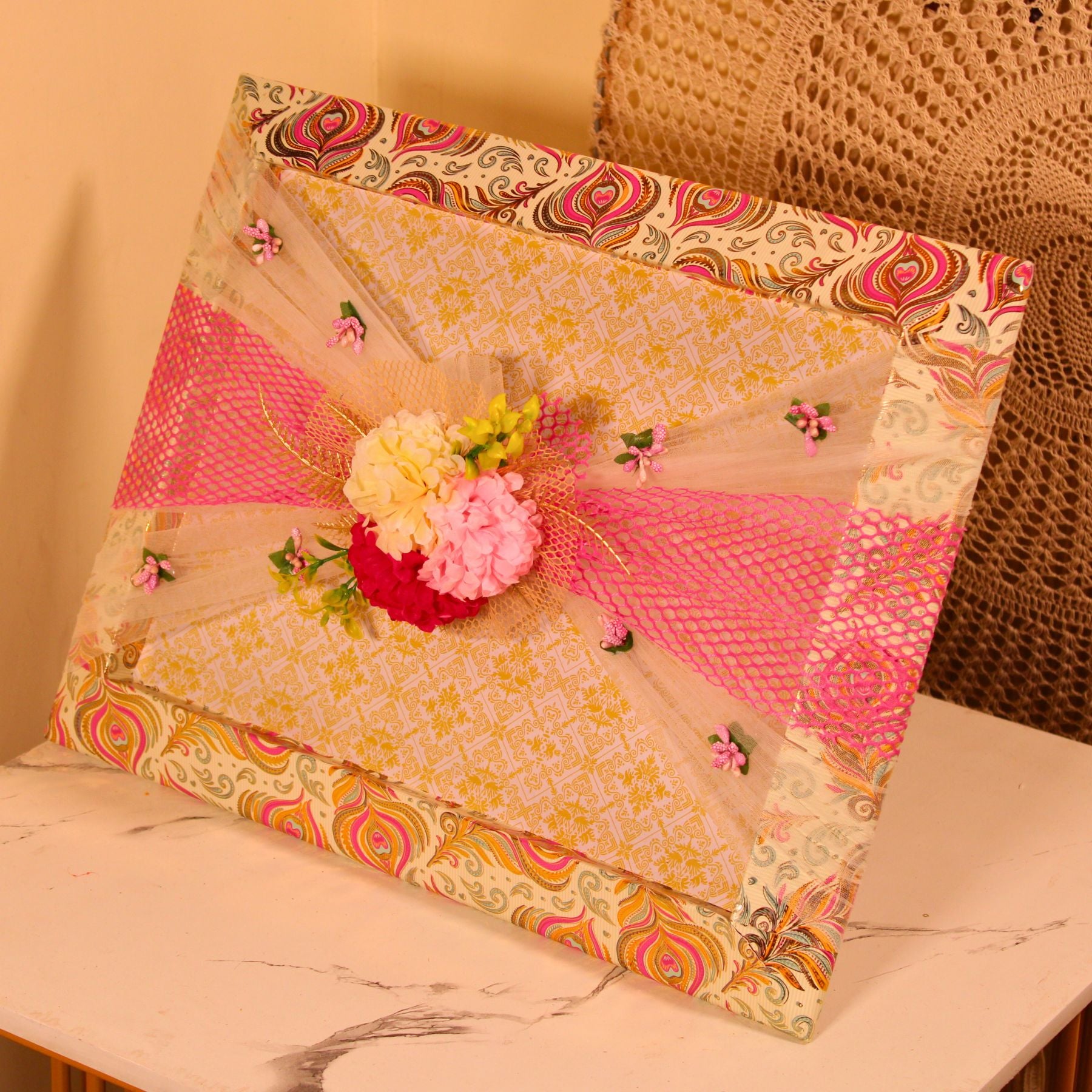 Set of 3 Ready-to-Use Pink & Cream Decorative Trays with Designer Floral Accents